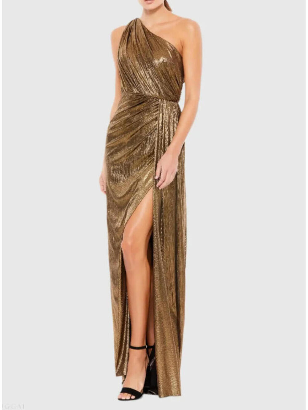 Ieena Mac Duggal Metallic Gold Pleated One Shoulder Gown Size 10 26537